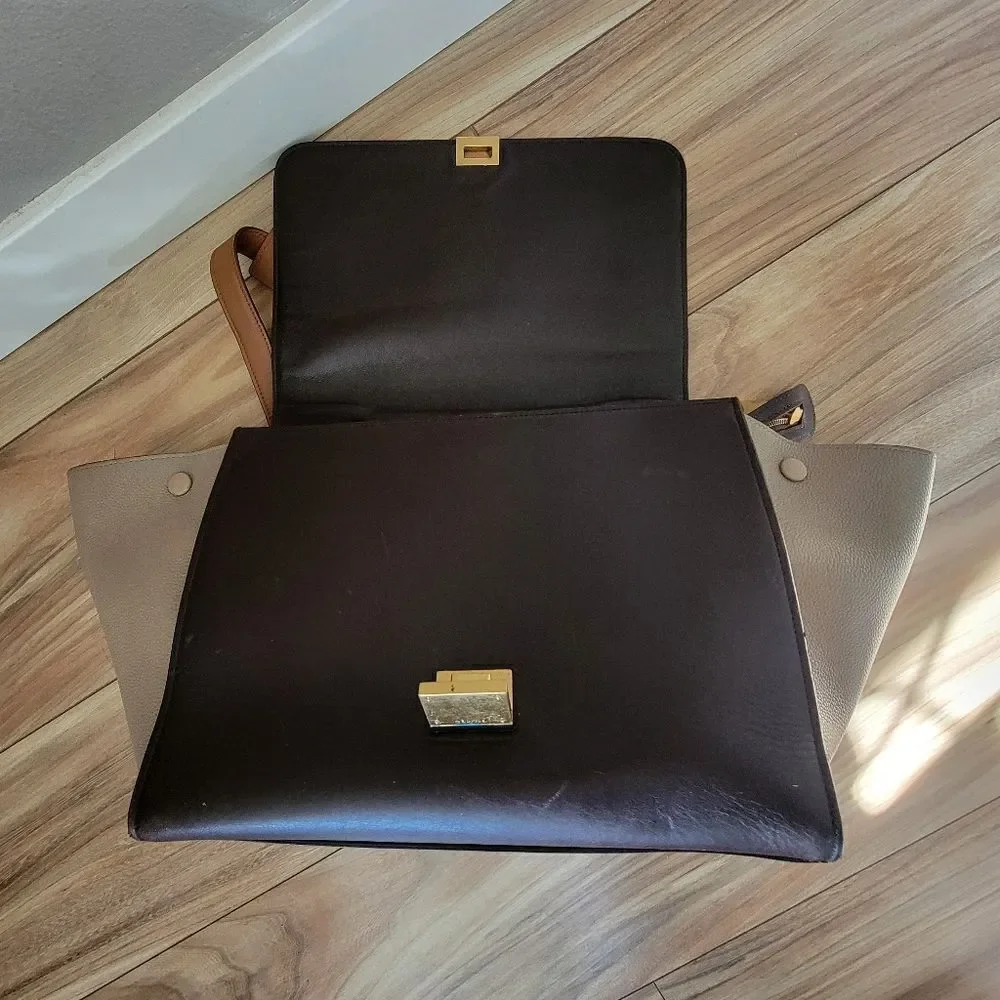 Celene Tricolor Medium Trapeze Luggage Satchel in Cognac Brown Tan